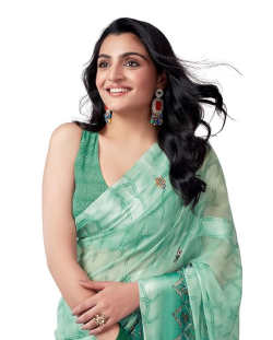 LAVANA Women's Georgette Printed Satin Patta Saree with Unstitched Blouse Piece