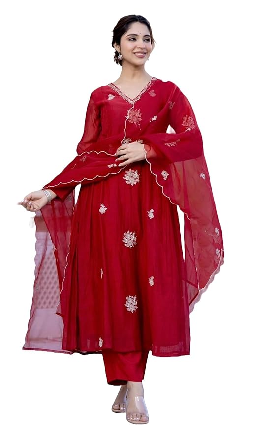 Nermosa Women Embroidery Solid Anarkali Kurta and Pant Set with Dupatta
