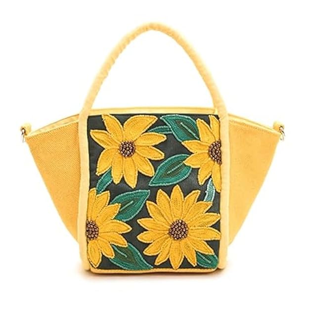 Boho Girl Sunflower Tote Bag for Women – Yellow & Green Large Summer Shoulder Bag with Embroidered Beaded – Stylish Canvas Tote with Padded Handles – Floral Handbag for Travel, Picnic, Beach