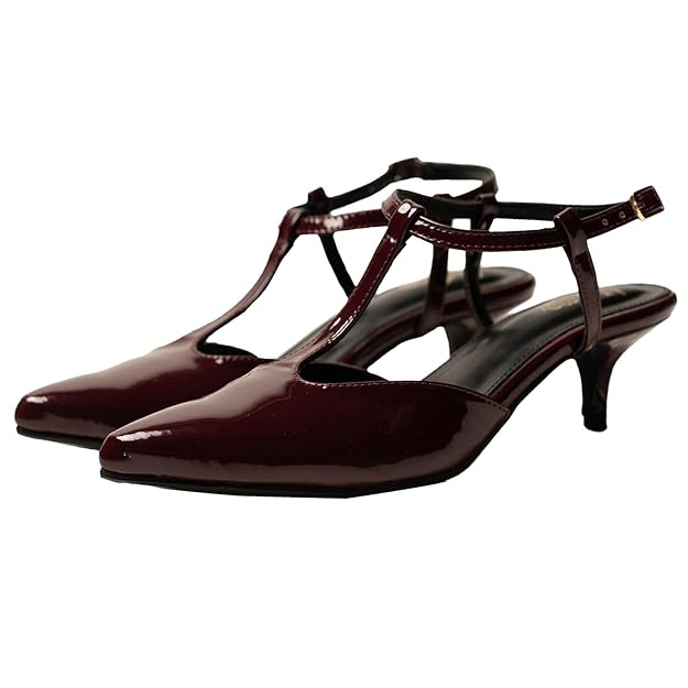 Theater Sedgwick Women Patent Kitten Heels | Pointed Toe T-Strap Sandals with Adjustable Buckle | Stylish & Comfortable for Formal & Office Wear