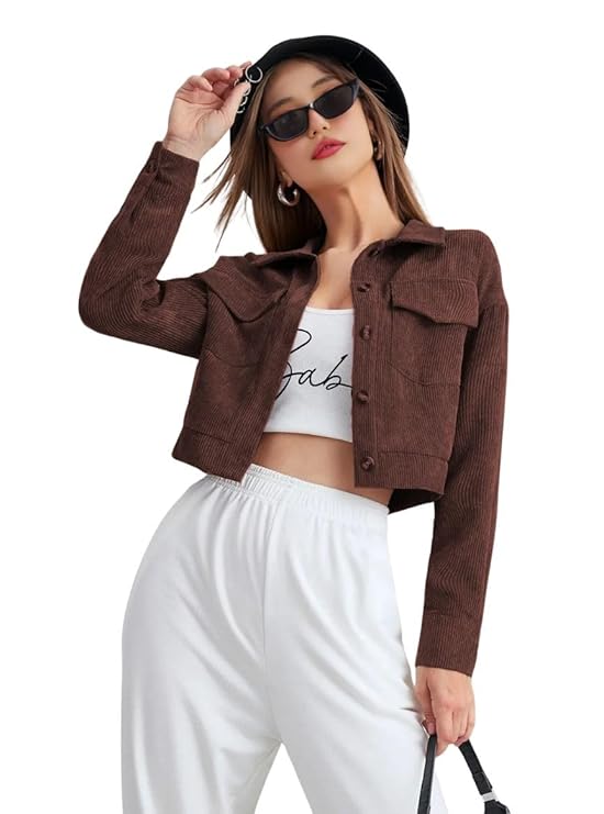 SMOWKLY Women’s Corduroy Cropped Jacket with Two Pockets| Casual Button Down Korean Style Casual | Stylish Lightweight for Women’s | Full Sleeve Outerwear for Regular Wear