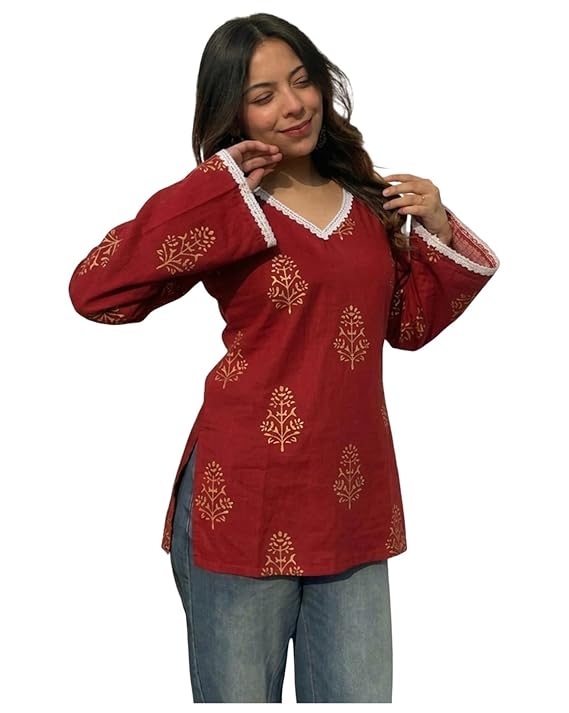 ANNI Designer Women's Viscose Printed Short Kurti | Red Buta Print Tunic Top | V Neck Lace Detail | Full Sleeve Hip Length Kurta Top for Women