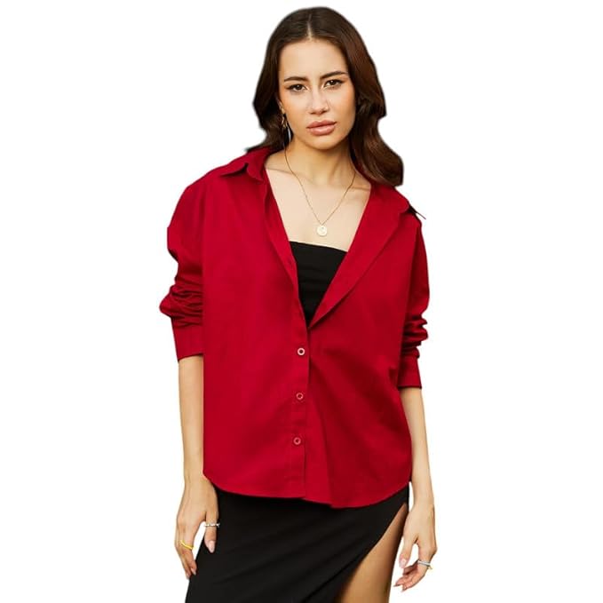 Campus Sutra Women's Polyester Blend Oversized Fit Shirt for Casual Wear | Spread Collar | Long Sleeve | Button Closure | Oversized Shirt Crafted with Comfort Fit for Everyday Wear