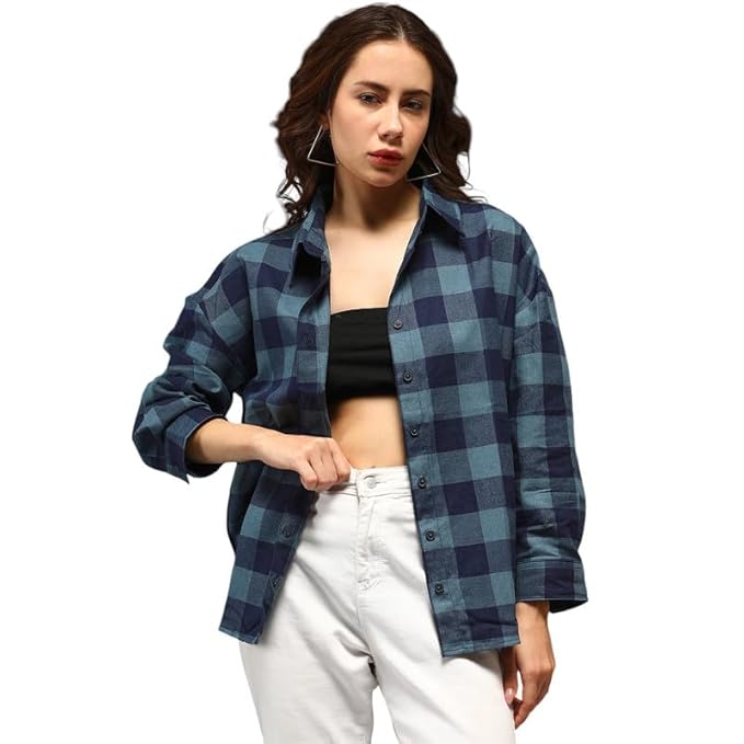 Women's Buffalo-Check Oversized Shirt for Casual Wear | Spread Collar | Long Sleeves | Button Closure | Oversized Shirt Crafted with Comfort Fit for Everyday Wear