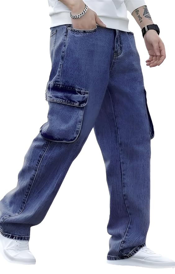 Ben Martin Men's Denim Cotton Cargo Jeans || Stretchable Baggy Fit || High Waist Loose Cargos for Men with Box Pockets || Stylish Gen-Z Streetwear || Sizes 28–40 || Black, Khaki, Grey & More