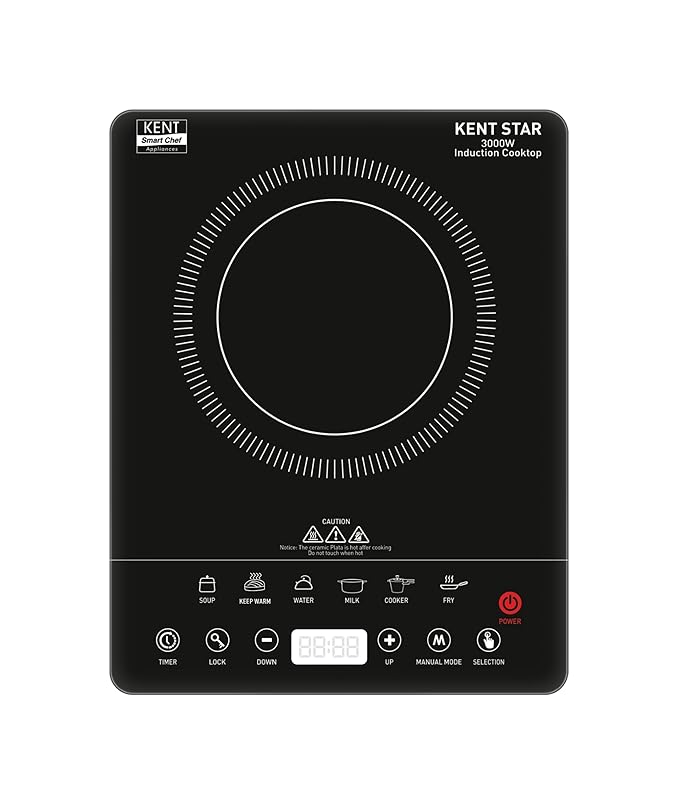 KENT Star Induction Cooktop 3000W | 6 Preset Menu | Full Microcrystalline Glass |Feather Touch Buttons & LED Display |Milk Boiling & Turbo Cooking Function | Overheat Protection & Auto Turn-Off| Black