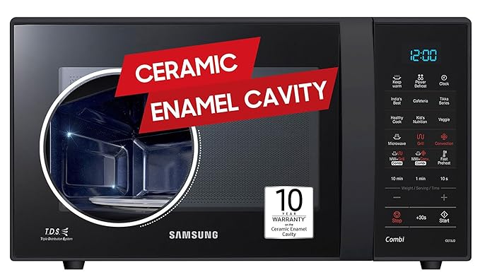 Samsung 21 L, Convection Microwave Oven (CE73JD-B1/XTL, Black, Various Cooking Modes, Pre heat, Eco Mode, Power Defrost, Auto Cook, Wire Rack, Ceramic Enamel Cavity with 10 year warranty)