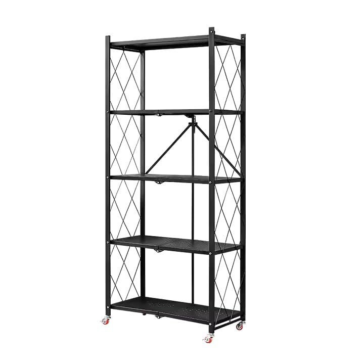 Foldable Kitchen Storage Rack Heavy Duty Space Saving Multipurpose Metal Stand With Caster Wheels| Crockery Unit| Multifunctional Movable Microwave Stand Trolley| (5 Tire)