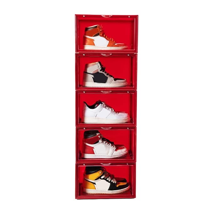 SNEAKARE Stackable Shoe Storage Box | Heavy Duty Plastic Sneaker Crate with Magnetic Door | Shoe Organizer for Men & Women | Fits Upto UK 14 | Durable Shoe Storage Box Red Pack of-5