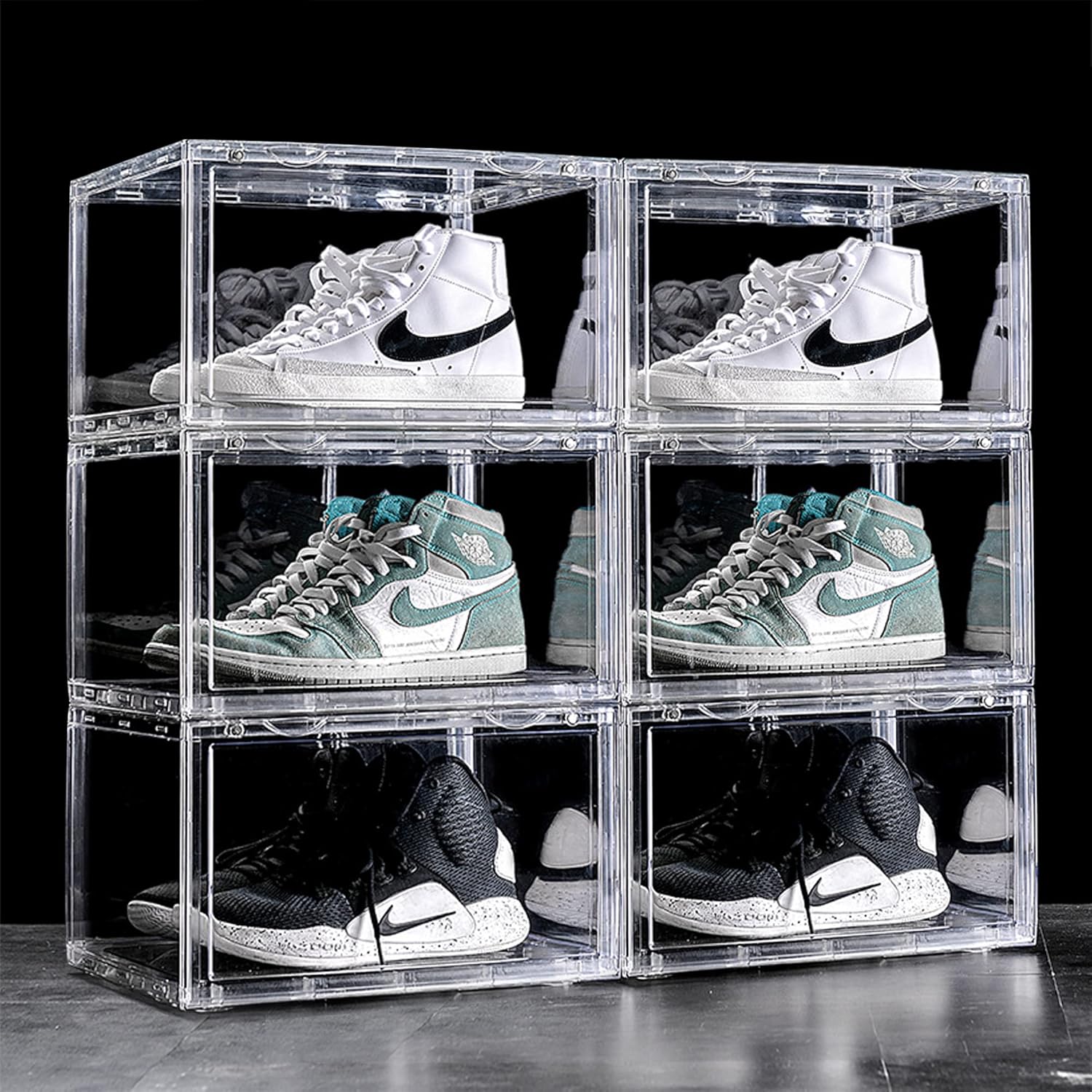 AYSIS Multipurpose 6 Pack Sneaker Containers Bins, Shoe Container & Storage Box, Clear Plastic Stackable Shoe Organizer for Closet, Space Saving, Foldable, White Transparent, Pack of 6