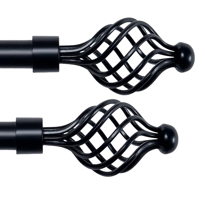 Deco Essential Adjustable Curtain Rod | Heavy Duty Iron Rod with Swirl Finials & Brackets | Extendable Wall Mounted Rod with Thicker Wall Tube, Black Matt, 36"-66" (Pack of 1)