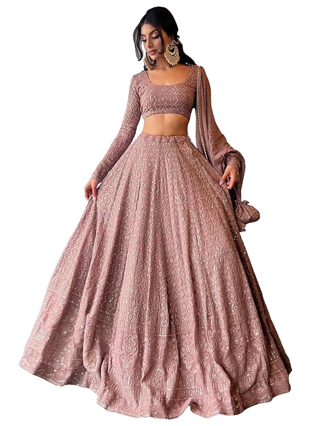 Georgette Sequence Lucknowi Embroidery Work Semi sttiched Lehenga choli set for women