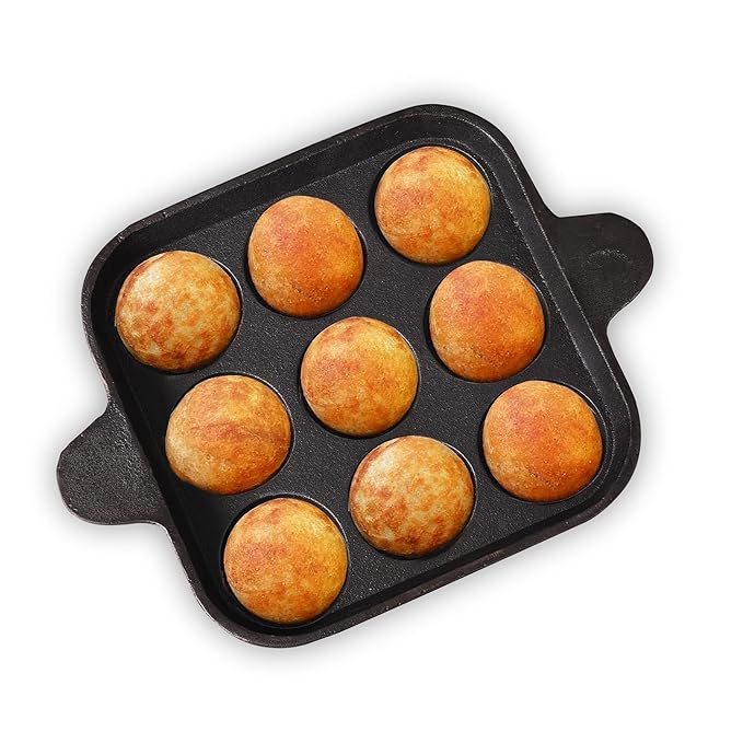 The Indus Valley Pre-Seasoned Cast Iron Square Paniyaram Pan | 9pit, 24cm/9.4inch, 1.3kg | Naturally Nonstick Appe/Paddu Pan, 100% Pure & Toxin-Free, No Chemical Coating, Black