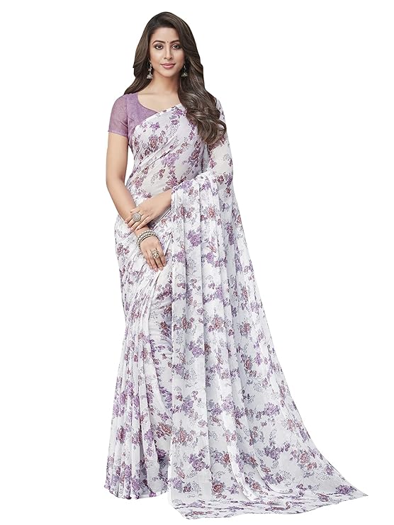 Satrani Women's Floral Printed Chiffon Saree with blouse Piece