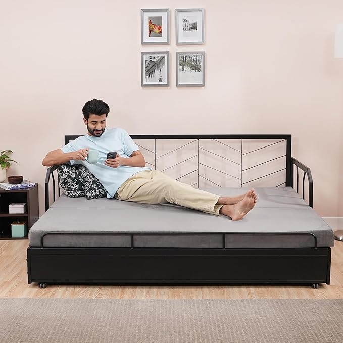 Amazon Brand - Solimo Darius Metal Sofa Cum Bed (Black) 3 Seater, Double