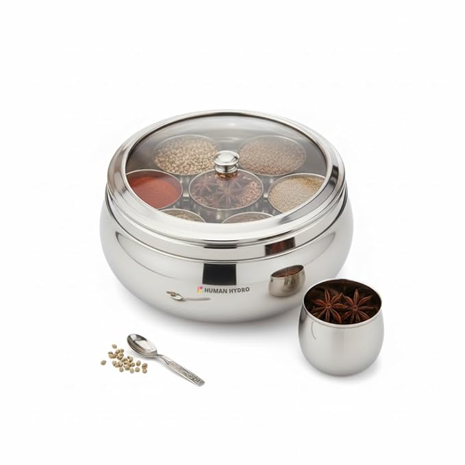 Human Hydro Premium Belly Shape Masala Dabba (18 cm, 7-in-1) | Stainless Steel Spice Box with See-Through Lid, 7 Containers & 1 Spoon | Compact Airtight Masala Box