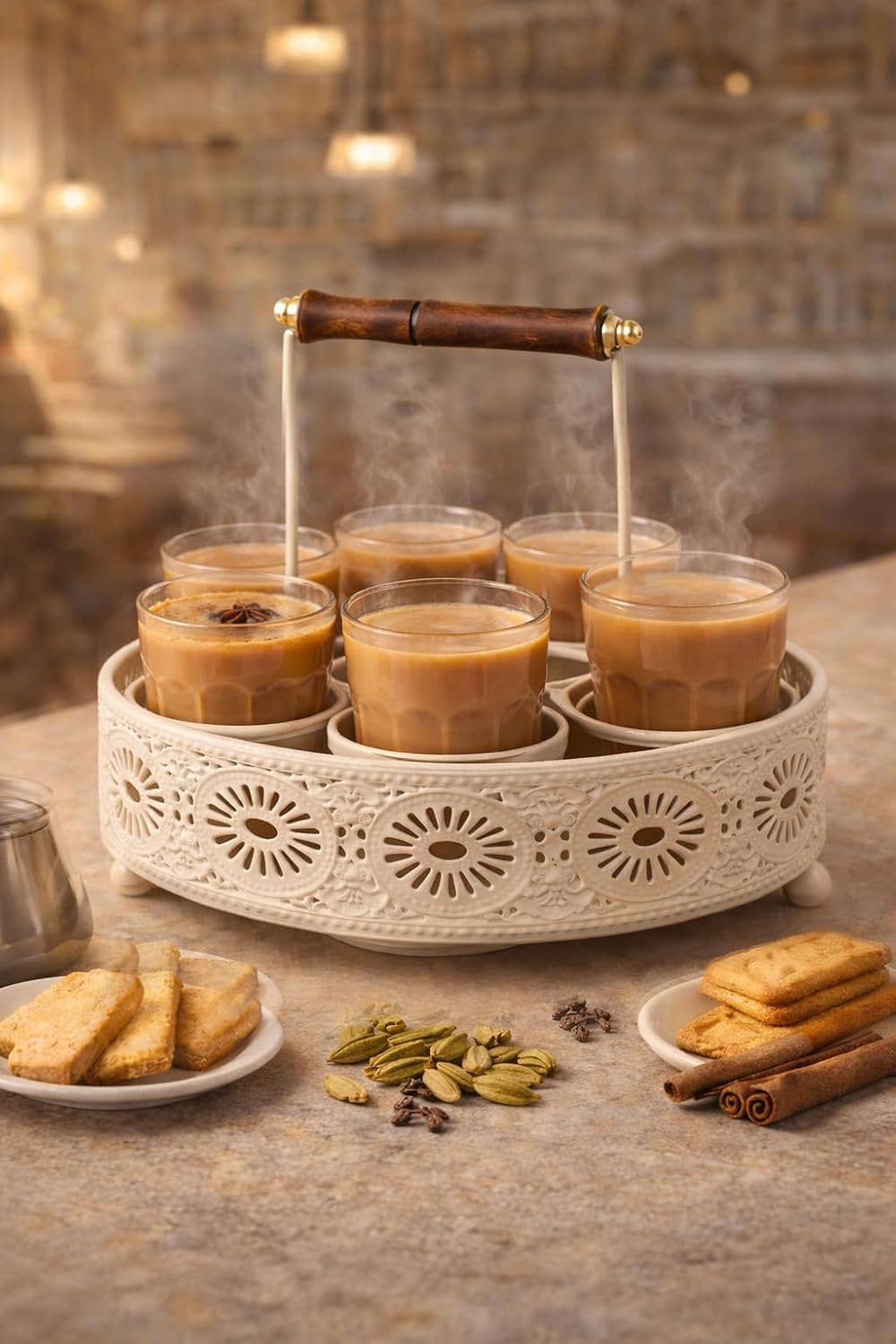 Tapri Style Cutting Chai Glass Set of 6 with Heavy Metal Stand | Desi Cutting Tea Glasses for Home & Café | Premium Tapri Tea Cups for Kitchen, Office Pantry, Restaurants & Gifting