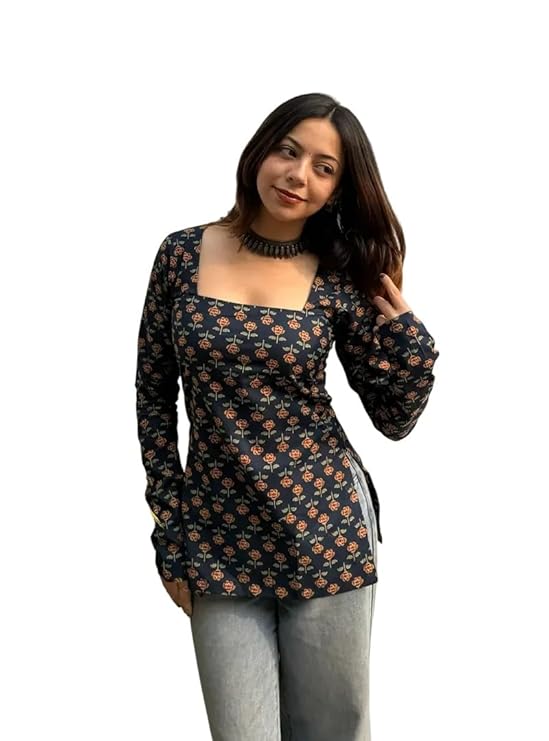 Women's Cotton Geometric Butti Printed Regular Fit, Square Neck, Full Sleeve | Casual & Ethnic Short Kurti, Tunic Top with Side Slit | Lightweight & Comfortable Fabric