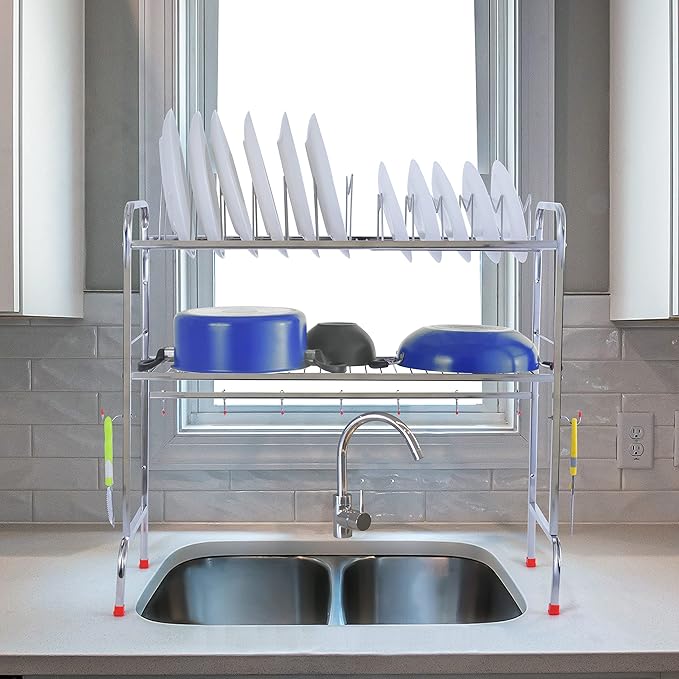 LiMETRO STEEL Stainless Steel Kitchen Storage Rack | Multipurpose Dish Drying & Over Sink Organizer Rack for Plates, Bowls & Utensils | Heavy Duty Rustproof Kitchen Rack (28 x 28)