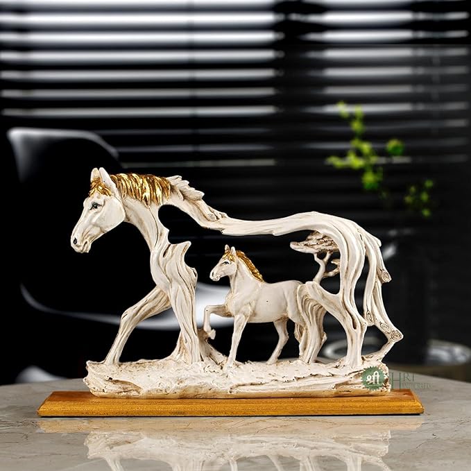 Resin 8" Action Handmade Vintage Horse Statue with Baby Horse Antique Finish Animal Figurines Gifts for Home Decoration,Living Room(Product Looks Like Antique&Dusty Finish),White