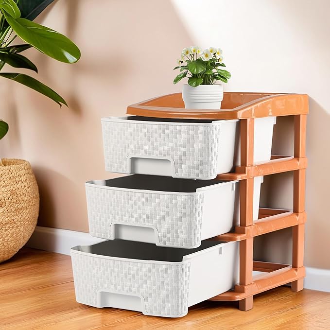 Kuber Industries Multi-Purpose 3-Layer Plastic Drawer Storage Organiser | Durable & Modular Kitchen & Toy Organizer For Kids Room Office & Home | White & Golden