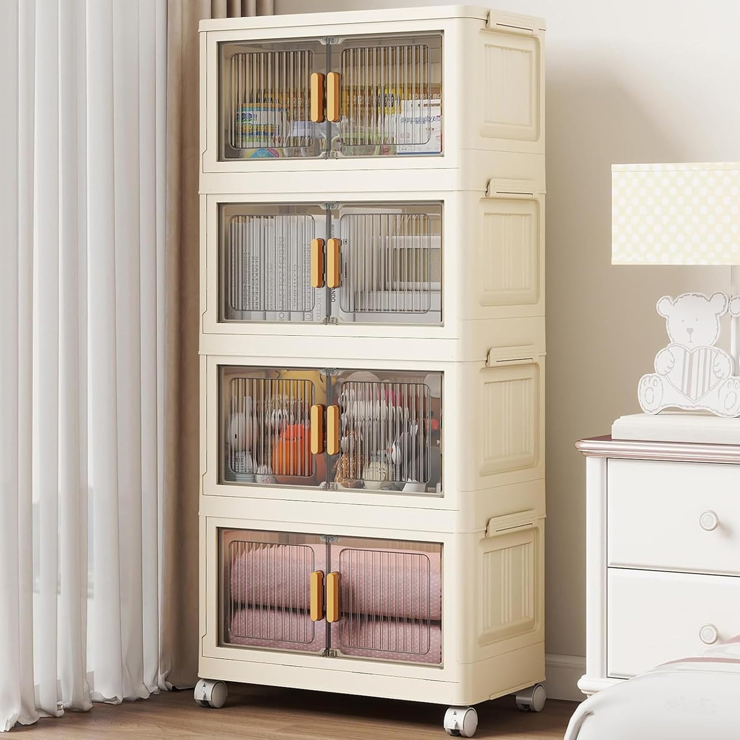 𝟒 𝐏𝐀𝐂𝐊 Plastic Rack for Storage Cabinet with Wheels | Multipurpose Storage Almirah Wardrobe for Clothes, Toys, Kitchen Cupboard & Bedroom | Plastic Organizer with Transparent Doors - WHITE