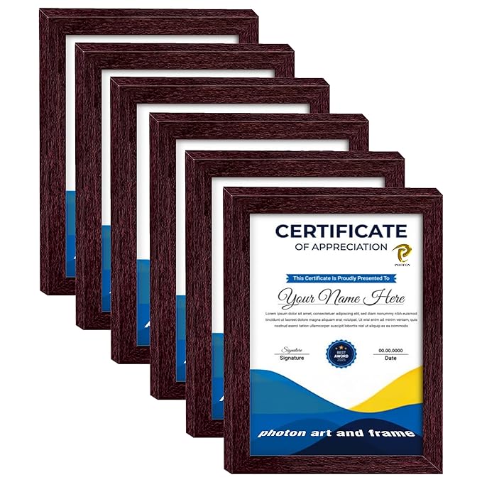 PHOTON A4 Rectangle Certificate Frame Set of 6 Wood Finish Wall and Tabletop Display 0.5 mm Thick Plexiglass Front for Diplomas Awards Documents Picture Photo Frame Certificate Holder Bundle Pack