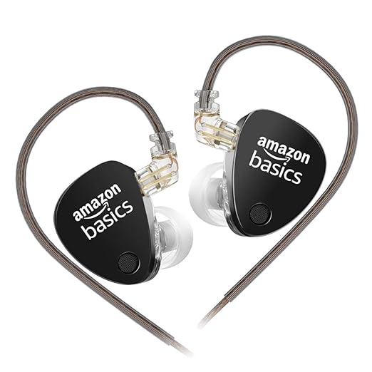 Amazon Basics Pro Series in Ear Earphone with Mic | 3.5 mm Plug | Dual 10mm Dynamic Drivers | 4-Level Tuning Switch | OFC Flat Cable | 3.5mm Plug | for Audiophiles & Musicians | Black