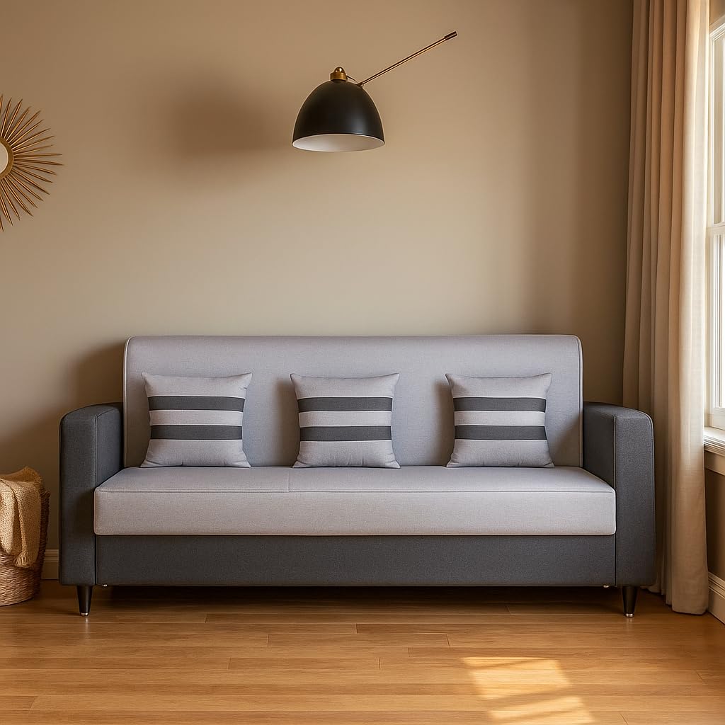 3 Seater Fabric Sofa Set for Living Room, Home & Office | Fabric Color:- Grey & Black
