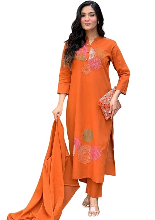 Women's Cotton Embroidery Straight Kurti Pant with Dupatta Set
