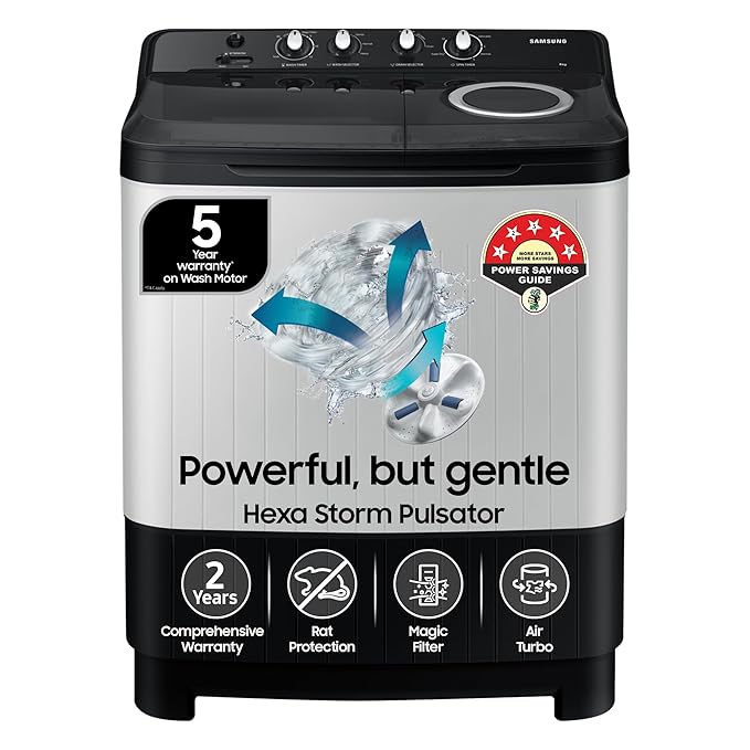 Samsung 8 kg, 5 star, Semi-Automatic Top Load Washing Machine (WT80C4200GG/TL, Air Turbo Drying, Light Gray, 5 Year Warranty on Wash Motor)
