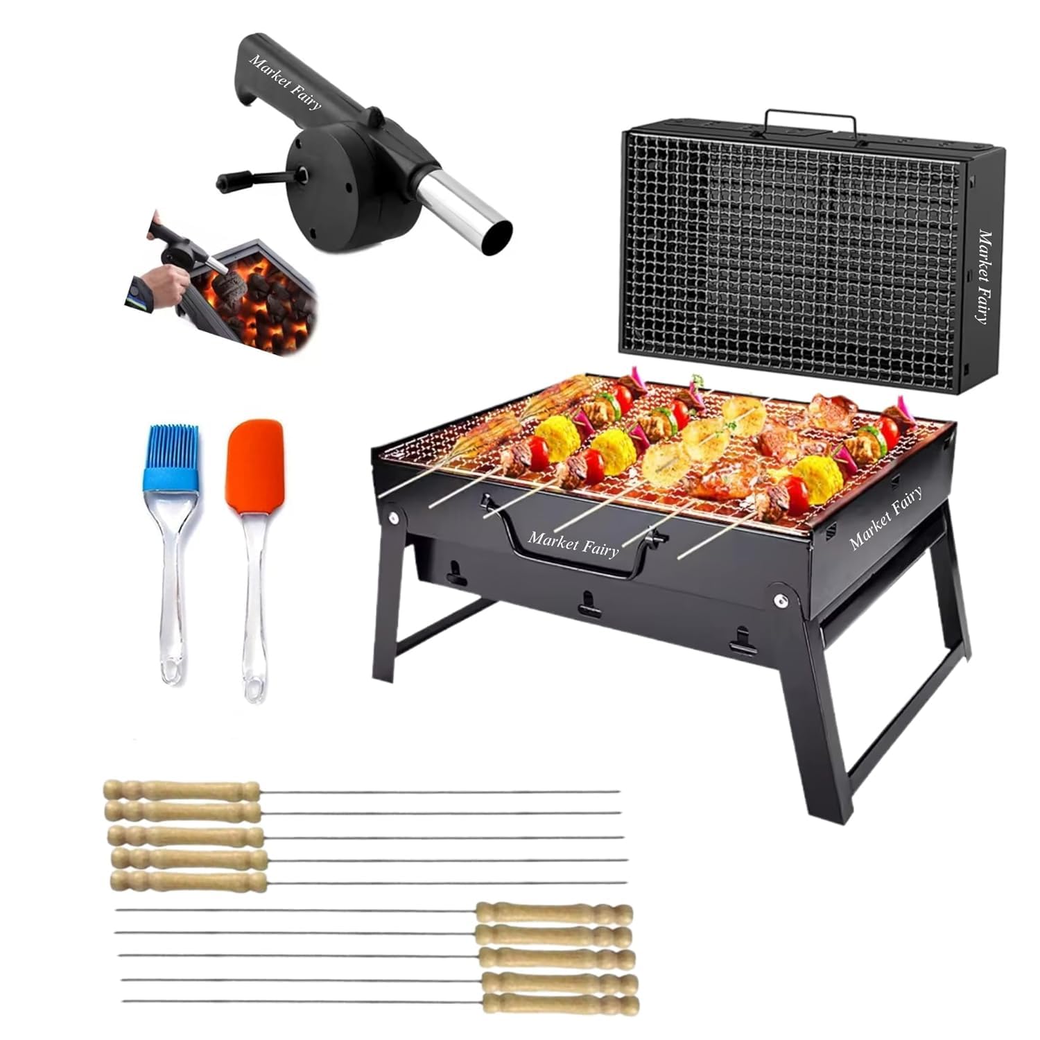 【NEW 2026】: Foldable And Portable Charcoal Barbeque Grill,【5 Combo】:【12-Stick】2-Spatula, 1-BBQ Grill, 1-Blower, Outdoor Grill Tools for Camping Picnics Traveling 【New-Barbecue set】
