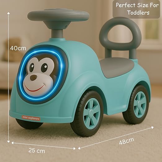MiniExplorer Monkey Ride-On Toy Car for Kids | Push Ride Car with Music, Horn, Backrest, Safety Guard, Under Seat Storage & Big Wheels | Baby Ride-On for 1-3 Years Boys & Girls - Blue