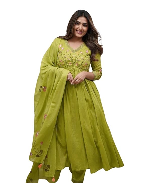 KDcreations Women's Cotton Embroidered Long Anarkali Kurti With Pant and Dupatta Set