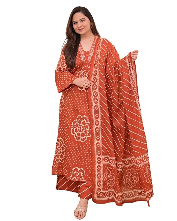 Klosia Women Pure Cotton Kurta Pant Set with Dupatta | Bandhani Print Kurta Sets for Women | Comfortable Suit Sets