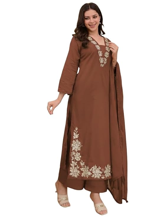 ANNI Designer Pure Cotton Embroidered Kurta Set for Women | Rust Orange Kurta with Pants & Dupatta | Floral Neck & Hem Embroidery | Cotton Kurta Set for Women | 10 Colour Options Available