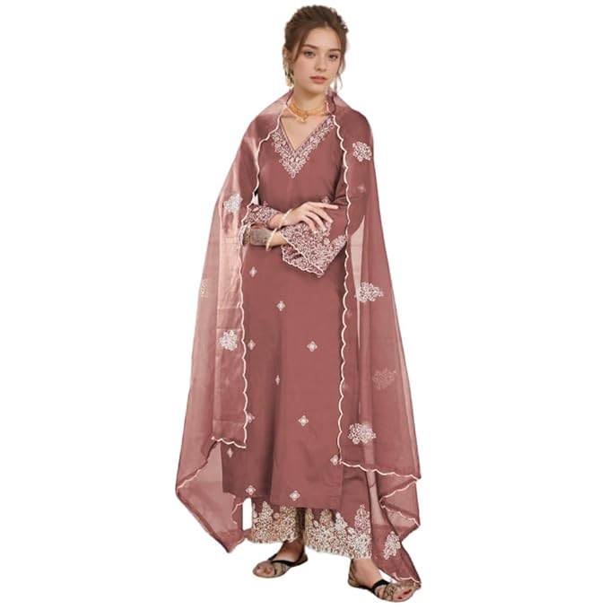 SHIENZY Women Embroidered Kurta Set with Dupatta | Ethnic Straight Kurta Palazzo Set for Women Festive Salwar Suit | Traditional Indian Ethnic Wear Kurti Set