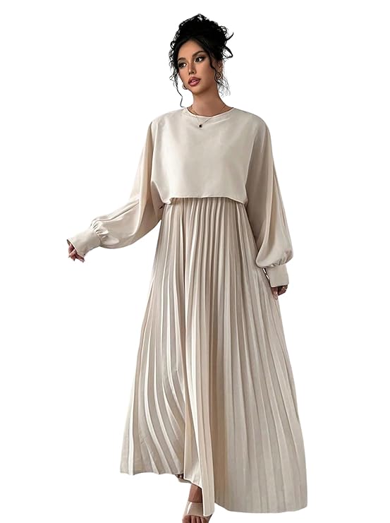 LITZO Dress for Women || Women’s Solid Pleated Maxi Dress || Modest Long Sleeve Loose Fit Flowy Gown for Casual, Office & Brunch || Lightweight Comfortable Western Outfit (T-L-17-18)