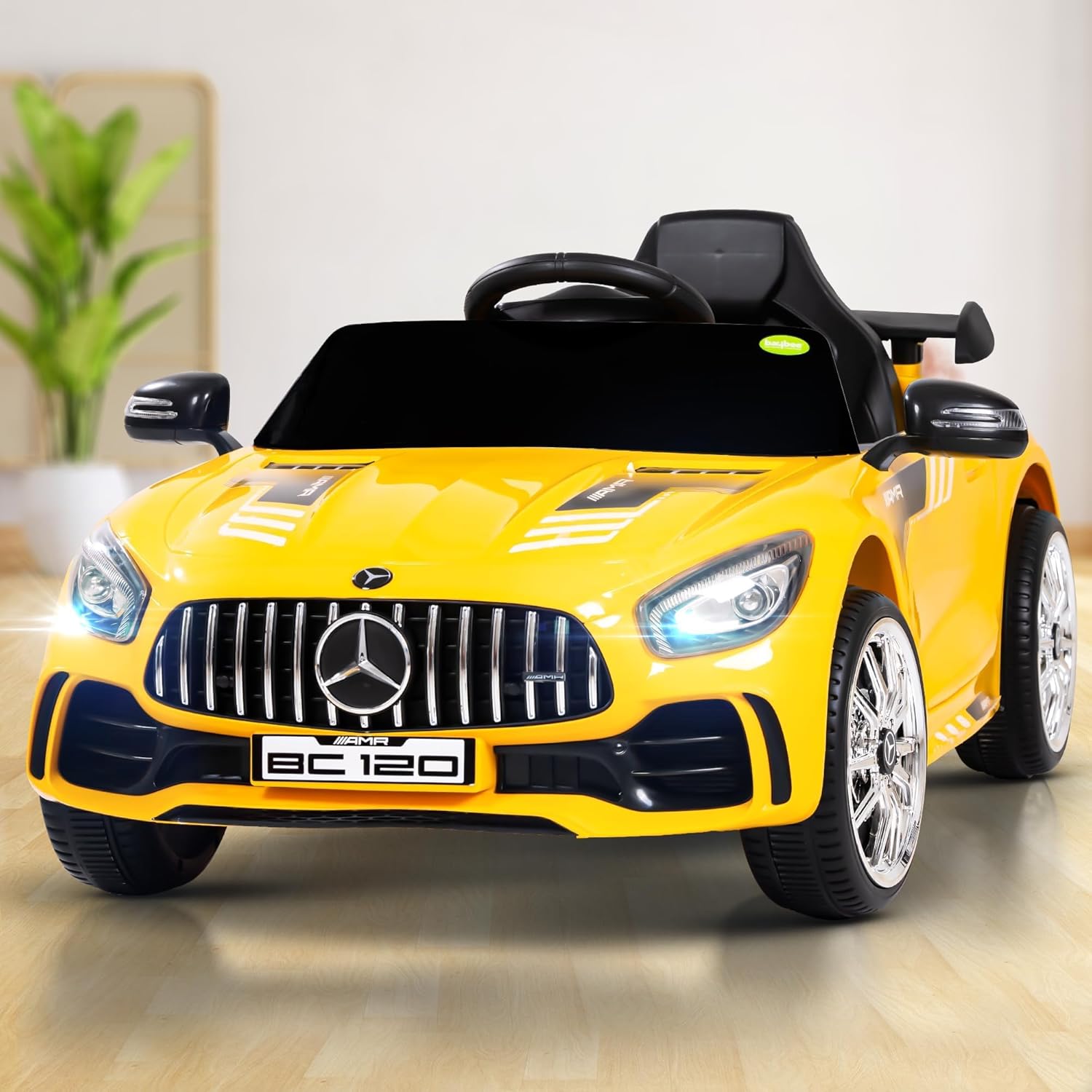 Baybee Spyder Battery Operated Car for Kids | Electric Kids Car with Parental Control, LED Lights & Music | Rechargeable Battery Car with Bluetooth & USB | Ride on Cars for Kids 1-5 Years (Yellow)