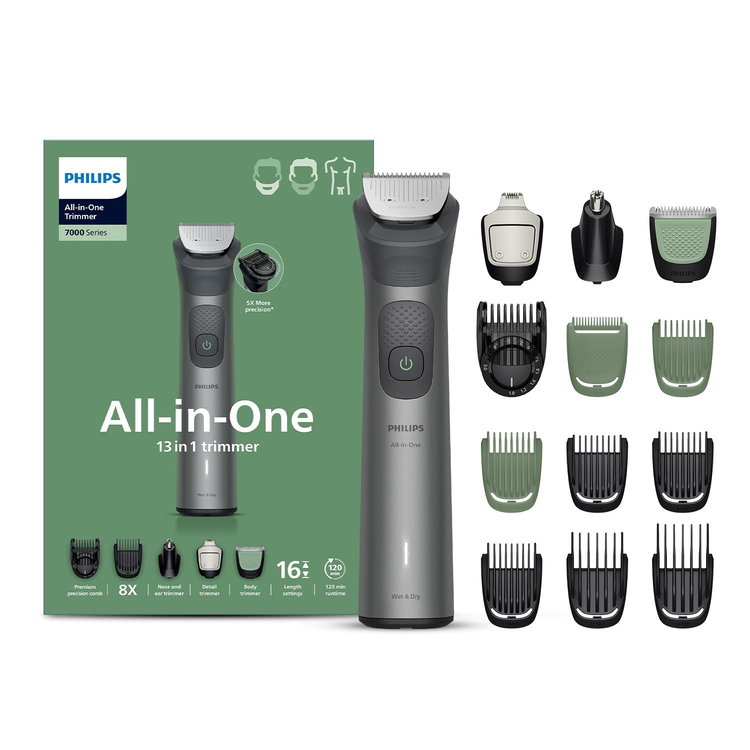 Philips India's No.1 Men's Trimmer | BeardSense Technology | 13-in-1 Trimmer | Precision Trimming | Face, Hair & Body | Nose/Ear Trimming | 5 yrs* warranty | 120 Min Runtime, MG7922/15, Green