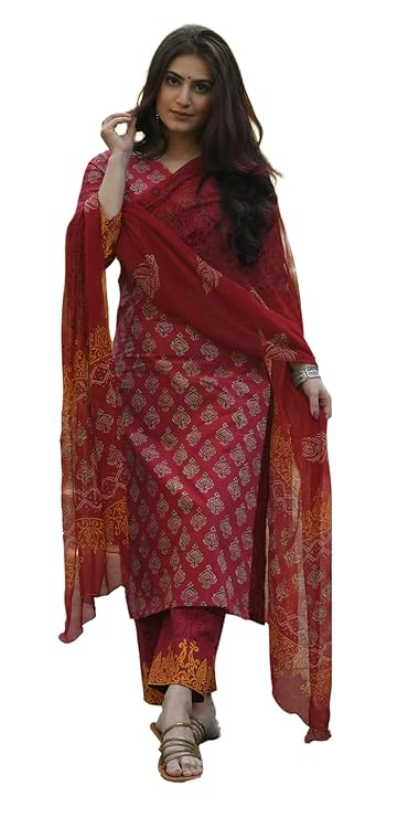 KLOSIA Women Maroon Block Printed Kurta