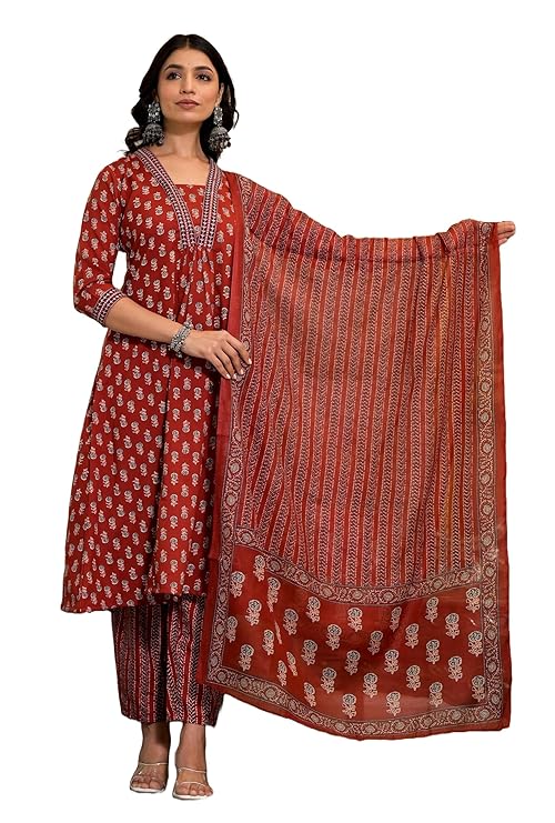 KLOSIA Women's Viscose Printed A-Line Kurta and Pant Set with Dupatta with Embroidered Neck Work