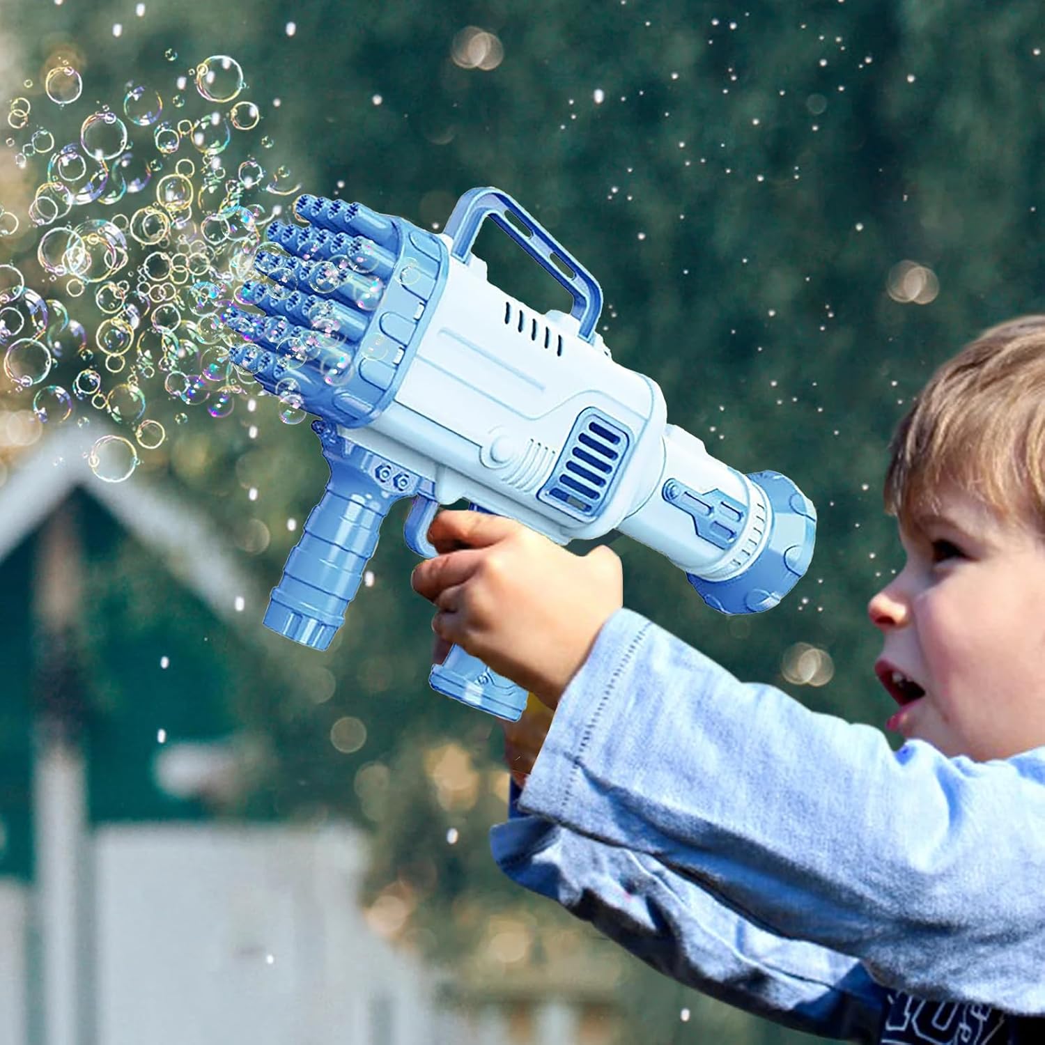 VGRASSP 32 Holes Power Blow Bubble Launcher Gun Toy for Boys and Girls with Soap Solution and Solution Tray - Indoor and Outdoor Use Gatling Gun Toy - Color As Per Stock