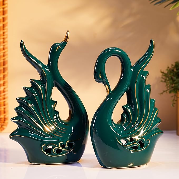 Amazon Basics Modern Elite Swan Pair Ceramic Art Figurine | Beautiful Home Décor (2 Pieces, Dark Green, Medium)
