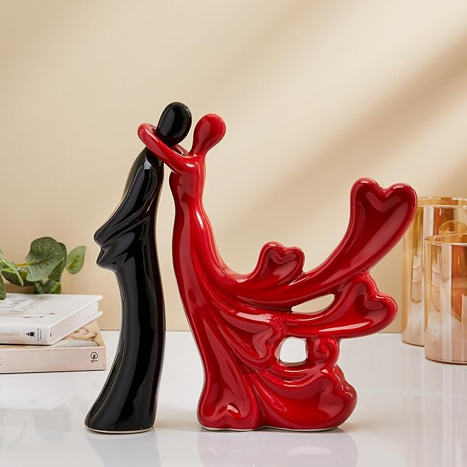 Amazon Basics Passionate Lover Hugging Couple Figure | Beautiful Ceramic Home Decor Statue (Set of 2, Red & Black)