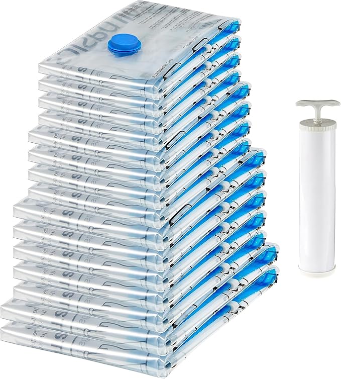 amazon basics Vacuum Compression Storage Bags with Hand Pump - 15-Pack (2 X-Jumbo, 5 Jumbo, 4 Large, 4 Medium)