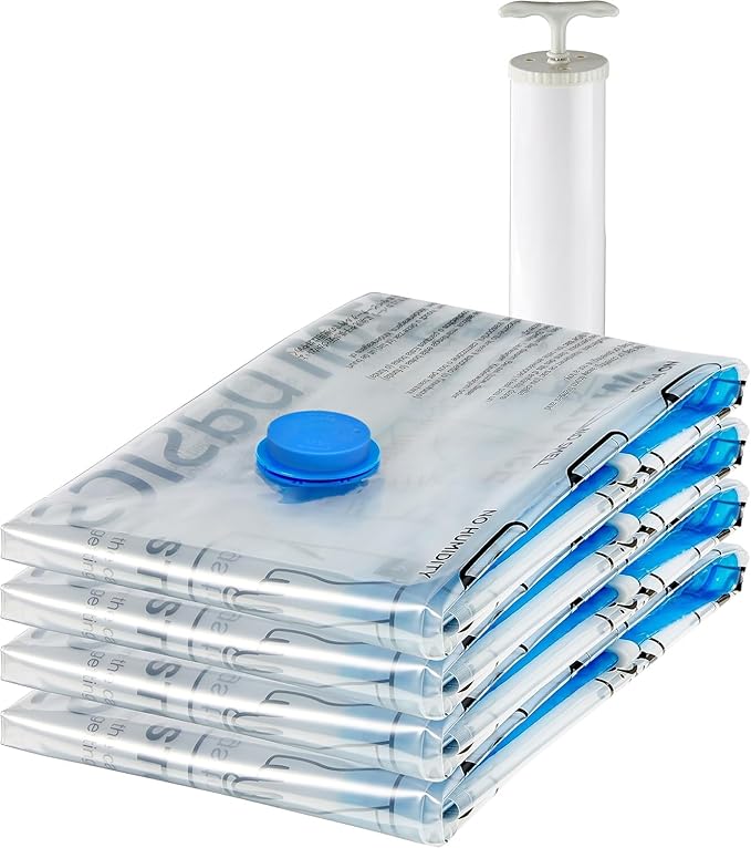amazon basics Plastic Vacuum Compression Zipper Storage Bags With Hand Pump,X-Jumbo-Pack Of 4,White