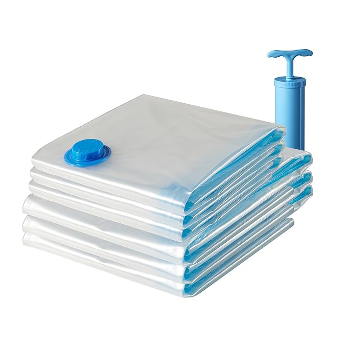 Amazon Brand - Solimo Vacuum Storage Bags For Travel | Space Saver | Airtight Reusable Ziplock With Hand Pump | Compression Storage Bag | 6-Pack (3 Large, 3 Jumbo), Polypropylene, Transparent