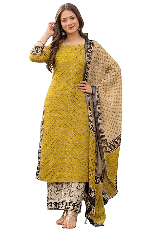 Amayra Women's Pure Cotton Straight Kurta Set with Palazzo Pants & Dupatta|Ethnic wear|Kurta Set for Women