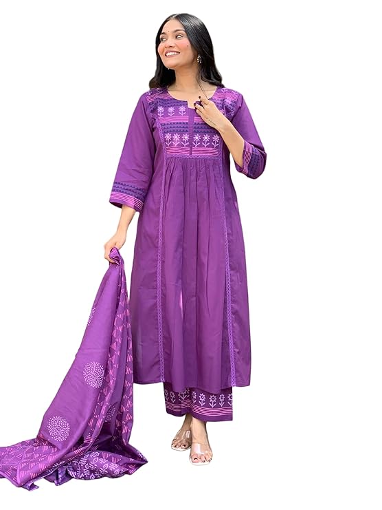 MEERA FAB Women Printed Regular Pure Cotton Straight Kurta with Palazzos & with Dupatta